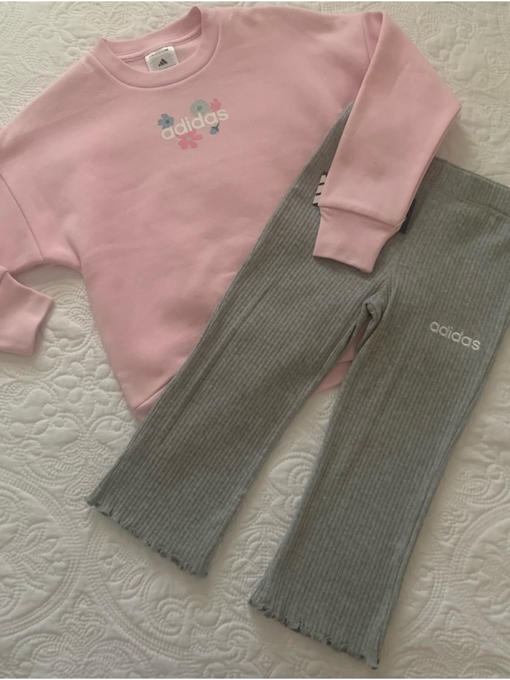 adidas girl’s Pink Crewneck Sweatshirt and Gray Ribbed Leggings Set